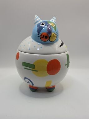 Colorful Ceramic Cat Jar - Multicolor Decorative Canister Vintage Rare